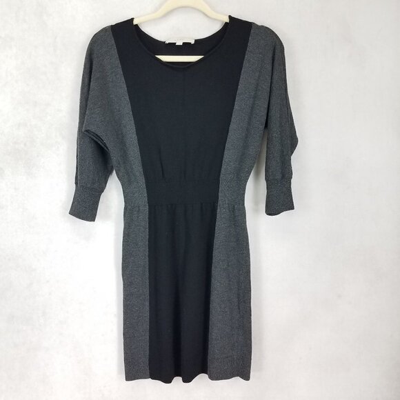 LOFT Size XS Merino Wool 3/4 Sleeves Knit Sweater Dress Color block Gray/Black - Picture 1 of 9